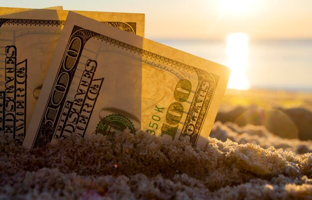 Drei Dollarscheine sind bei Sonnenuntergang im Sand am Sandstrand in der Nähe des Meeres vergraben