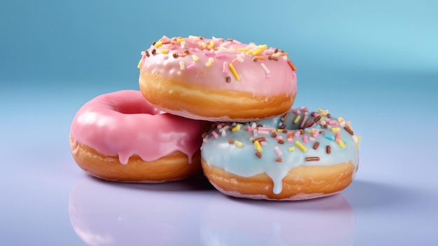 Drei Donuts mit rosa und blauem Zuckerguss und übereinander gestreuten Streuseln.