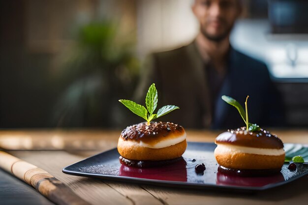 Drei Donuts mit Schokoladensauce auf einem Teller und ein Mann im Hintergrund.