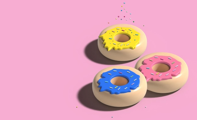 Drei Donuts mit Zuckerguss und bunten Zuckerstreuseln auf rosa Hintergrund