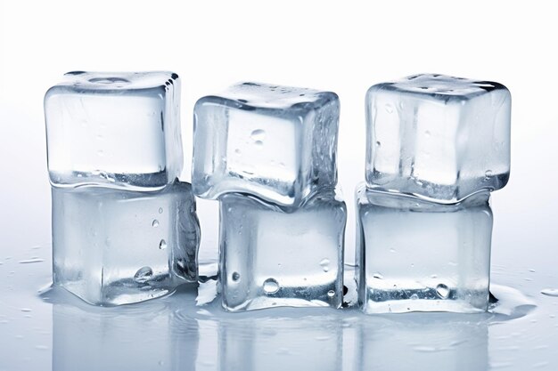 Drei Eiswürfel sitzen auf einem Tisch mit Wassertropfen, die künstliche Intelligenz erzeugen