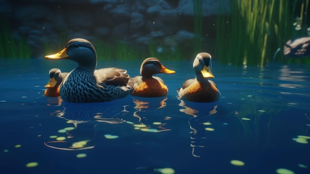 Drei Enten schwimmen in einem Teich mit grünem Hintergrund.