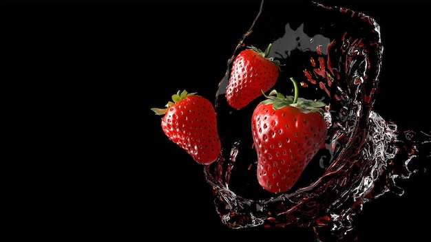 Drei Erdbeeren in einem Wassertrichter aus Wasser, das Konzept von Frische und gesunder Ernährung