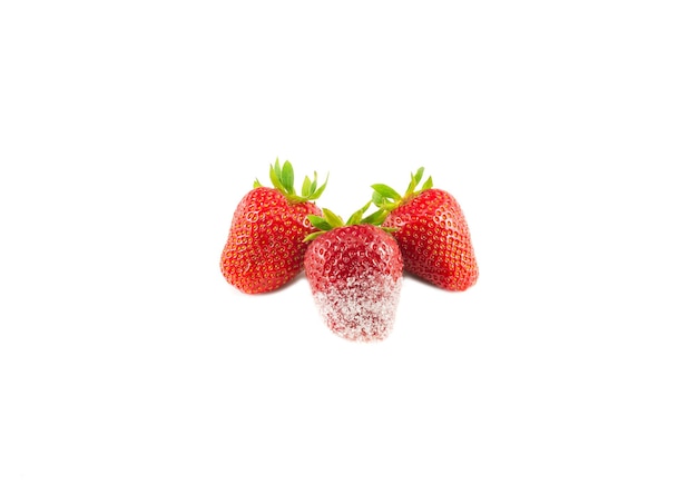 Drei Erdbeeren in Zucker auf weißem Hintergrund