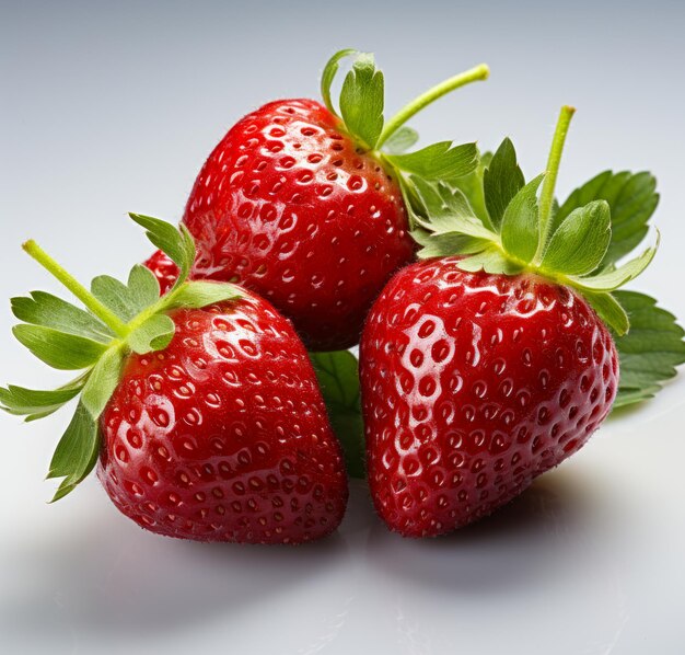 Drei Erdbeeren mit grünen Blättern auf weißem Hintergrund