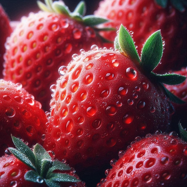 drei Erdbeeren mit grünen Blättern, von denen eine ein grünes Blatt hat