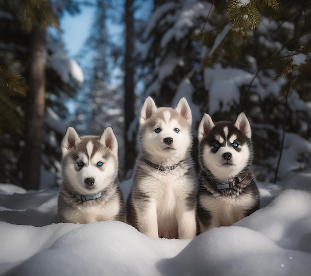 Drei fette Husky-Welpen im Schnee