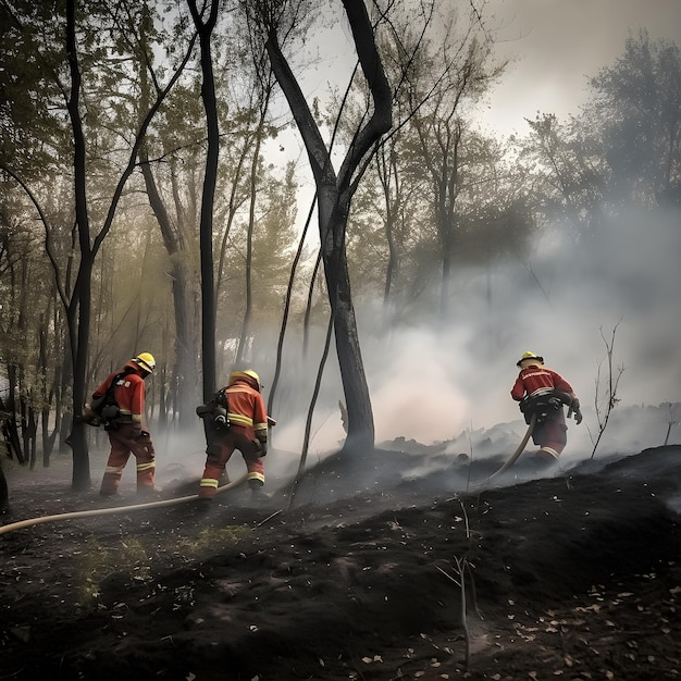 Drei Feuerwehrmänner stehen in einem Wald mit einem Schlauch, der brennen wird.