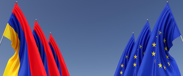 Drei Flaggen der Europäischen Union und Armeniens an Fahnenmasten an den Seiten Flaggen auf blauem Hintergrund Platz für Text EU Europa Eriwan Kaukasus Commonwealth 3D-Darstellung