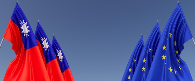 Drei Flaggen der Europäischen Union und der Republik China an Fahnenmasten an den Seiten Flaggen auf blauem Hintergrund Platz für Text EU Europa Taiwan Asien Commonwealth 3D-Darstellung