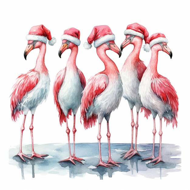 Drei Flamingos mit Weihnachtsmützen stehen in einer Linie generative KI