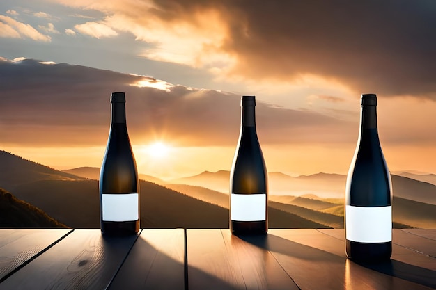 Drei Flaschen Wein mit einem Sonnenuntergang im Hintergrund