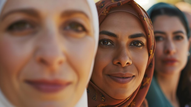 Drei Frauen im Fokus, die mittlere trägt einen Hijab, der Vielfalt und kulturelle Identität symbolisiert