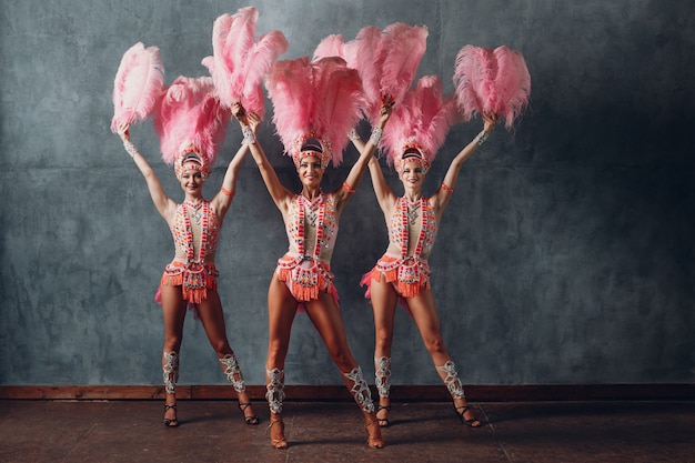 Drei Frauen im Samba- oder Lambada-Kostüm mit rosa Federkleid.