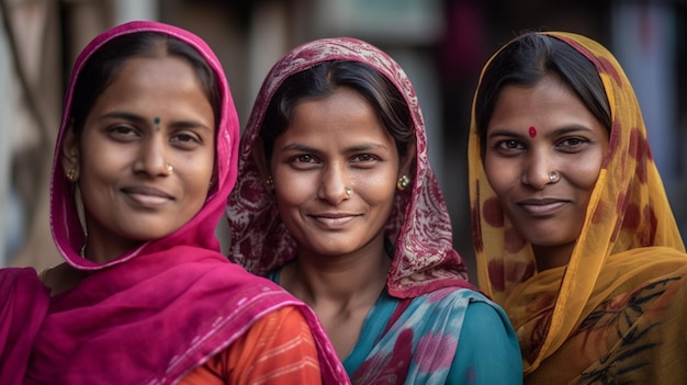 Drei Frauen in bunten Saris stehen in einer Reihe auf einer Straße.