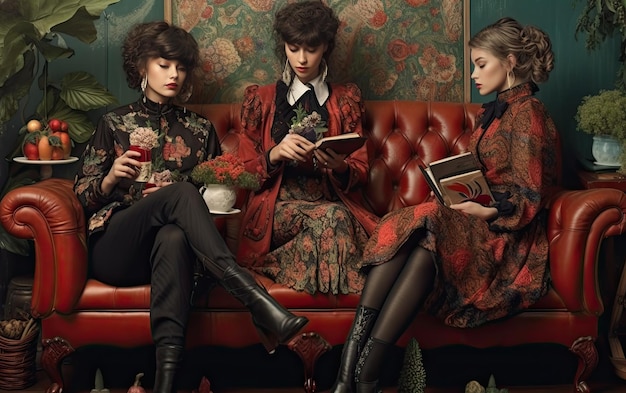 Drei Frauen in einem luxuriösen Interieur im Retro-Stil Ai generativ