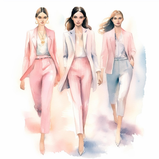 Drei Frauen in rosa-weißen Outfits laufen über einen Laufsteg mit generativer KI