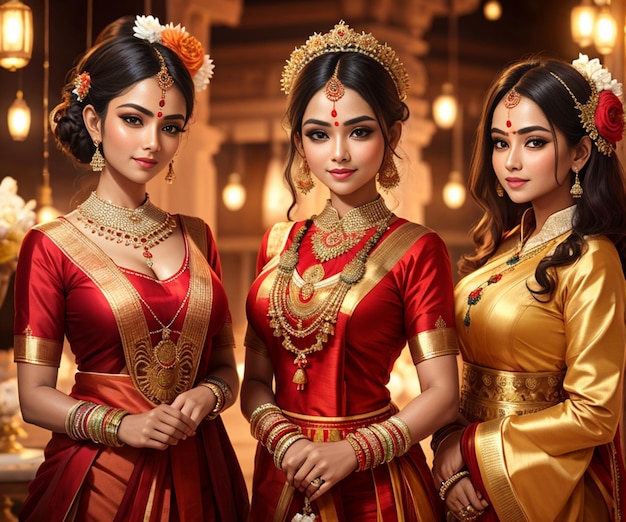 Drei Frauen in traditionellen Kostümen stehen zusammen in einer Reihe.