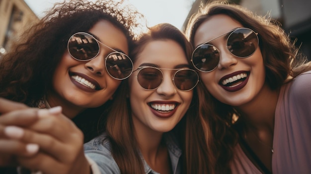 Drei Frauen lächeln und eine trägt eine Sonnenbrille, die andere trägt eine Sonnenbrille.