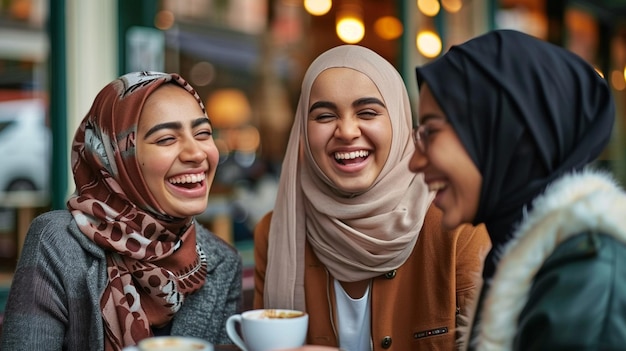 drei Frauen lächeln und lachen mit einer Tasse Kaffee