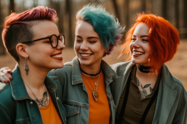 Drei Frauen mit verschiedenfarbigen Haaren lächeln und schauen in die Kamera.