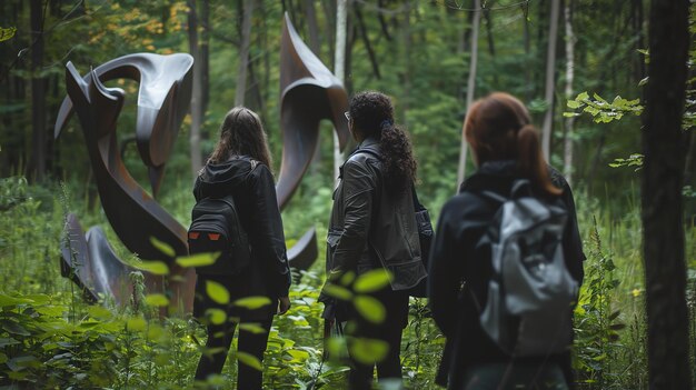 Foto drei frauen schauen sich eine metallskulptur in einem wald an. die skulptur ist abstrakt und aus gekrümmten linien.