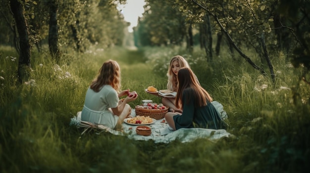 Drei Frauen sitzen auf einer Decke im Wald, essen Obst und trinken Wasser.