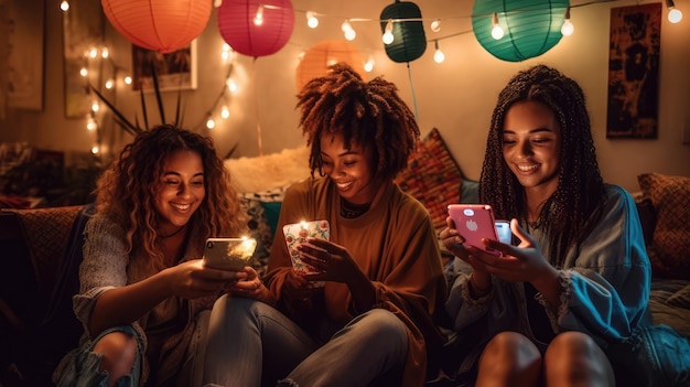 Drei Frauen sitzen in einem dunklen Raum, eine von ihnen hält ihr Telefon und die andere ein rosa Telefon.