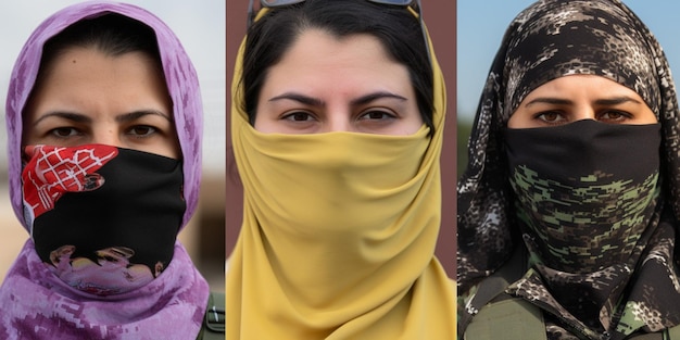 Drei Frauen tragen Masken, eine davon trägt einen gelben Schal.
