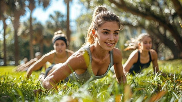 Foto drei frauen trainieren in einem park