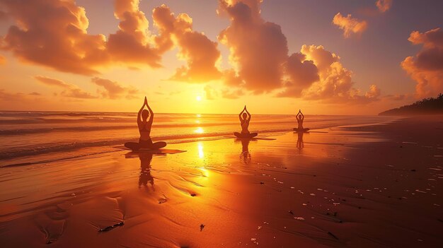 Drei Frauen üben Yoga am Strand bei Sonnenuntergang. Sie sitzen alle in der Lotusposition und haben die Arme in der Luft gehoben.