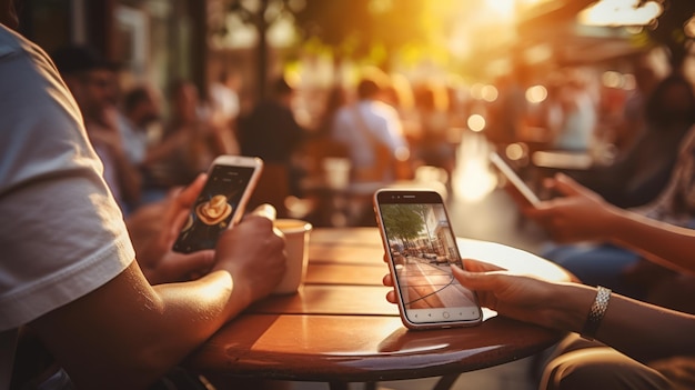 Drei Freunde benutzen ihr Handy, während sie in einem Café sitzen