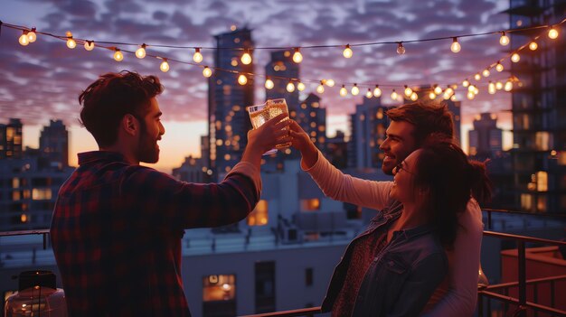 Foto drei freunde genießen den sonnenuntergang auf einem dach in der stadt, sie trinken und lachen und haben eine gute zeit.