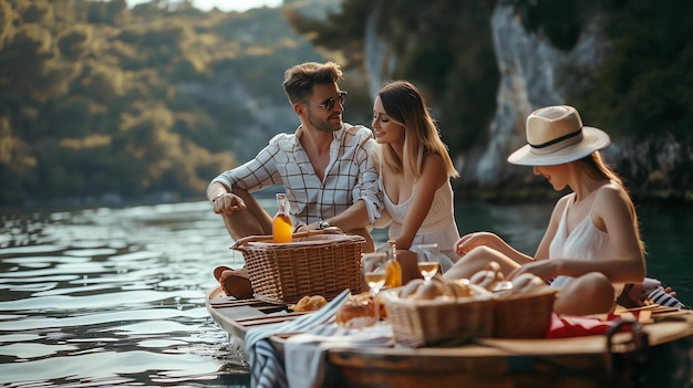 Drei Freunde genießen ein Picknick auf einem Boot. Sie sind von einer wunderschönen Landschaft umgeben und haben eine tolle Zeit.