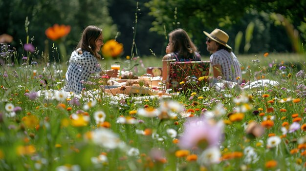 Foto drei freunde machen ein picknick auf einem blumenfeld, sie sitzen auf einer decke und essen brot und obst.