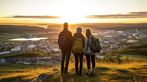 Drei Freunde treffen den Sonnenaufgang auf einem Aussichtshügel mit Blick auf das Dorf.