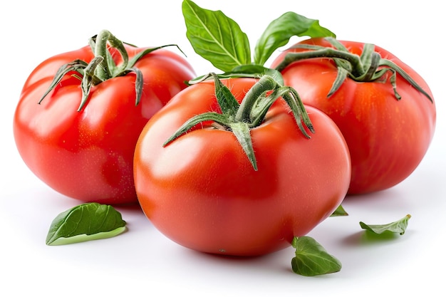 drei frische Tomaten mit grünen Blättern auf weißem Hintergrund