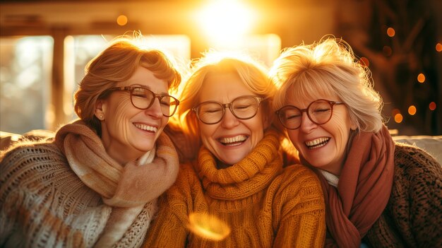 Drei fröhliche ältere Frauen umarmen sich und lachen gemeinsam im Freien