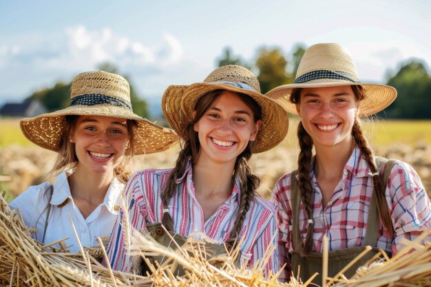Drei fröhliche Gesichter junger europäischer Landwirte