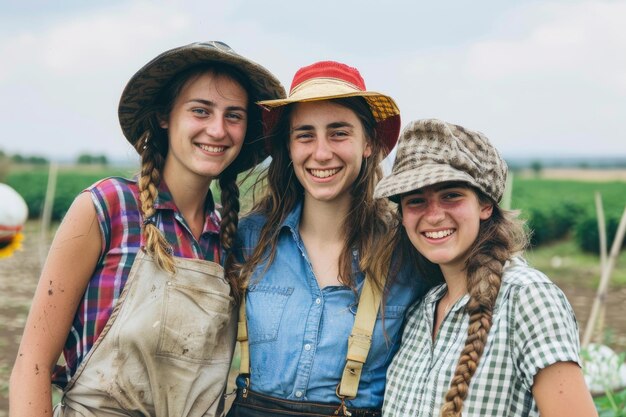 Drei fröhliche Gesichter junger europäischer Landwirte