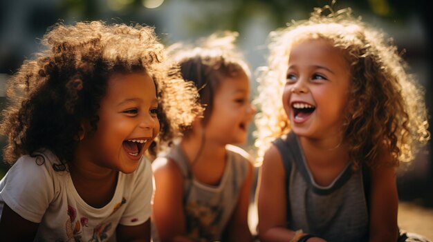 Drei fröhliche Kinder lachen und spielen im Sonnenlicht