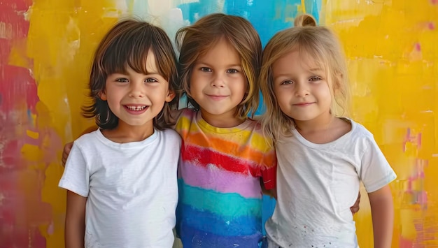 Drei fröhliche kleine Kinder posieren vor einer blauen Wand