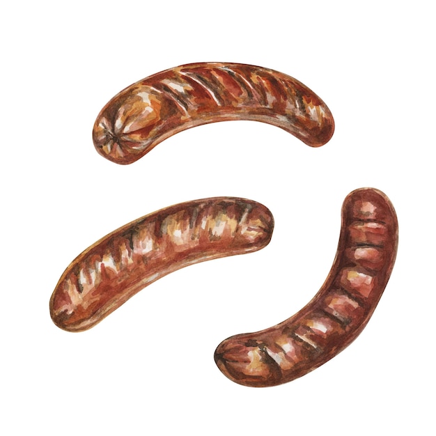 Drei gegrillte Würstchen in Aquarell Traditionelles deutsches österreichisches Essen Bratwurst für das Oktoberfest Clipart für das Flyer-Menü Brauerei-Snackstand