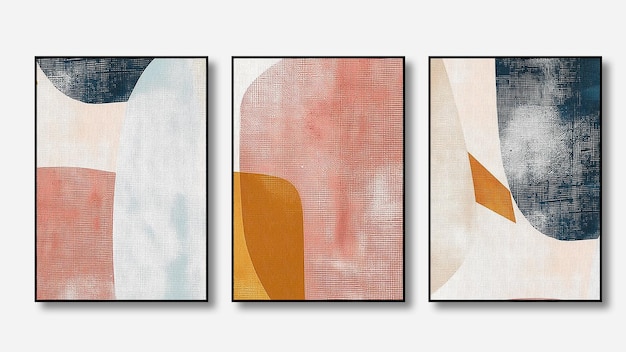 drei gerahmte Gemälde verschiedener Formen, eines mit einem gelb-rosa und orangefarbenen Hintergrund