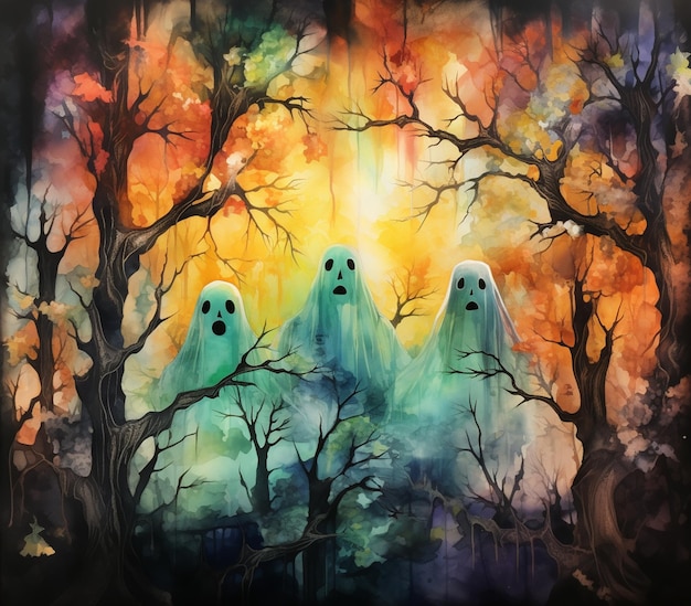 Drei gespenstische Geister in einem Wald mit Bäumen und einer sonnenerzeugenden KI