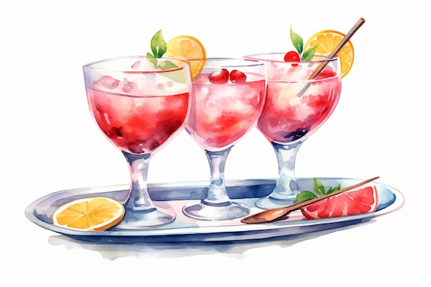 Foto drei gläser auf einem bein mit slushie-cocktails auf einer runden platte, die mit aquarell bemalt ist