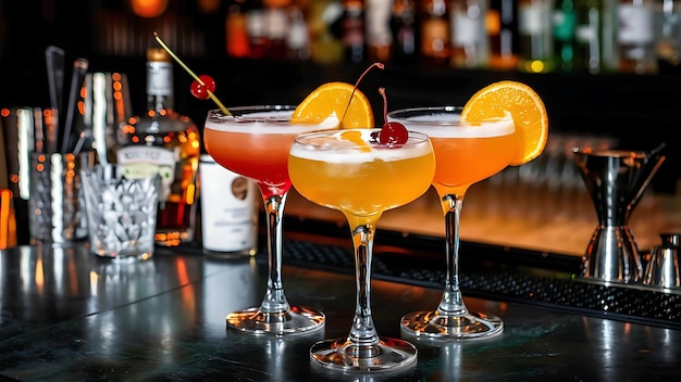 Drei Gläser Cocktails mit Orange und Kirsche auf der Theke