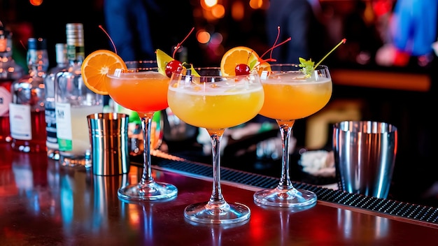 Drei Gläser Cocktails mit Orange und Kirsche auf der Theke