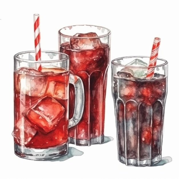 Drei Gläser Limonade mit Erdbeeren und Eis auf weißem Hintergrund, generative KI