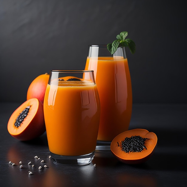 Drei Gläser Mango-Smoothies, eines davon eine Mango.